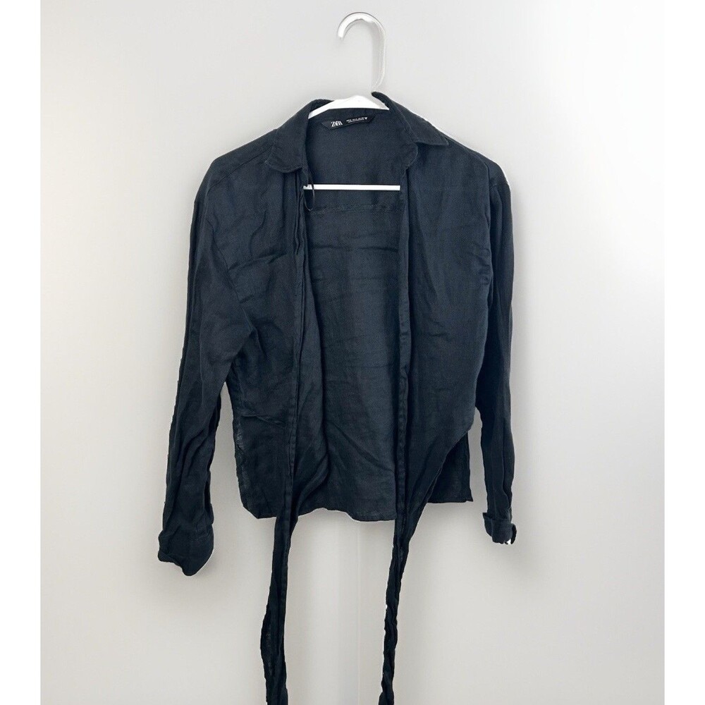 Zara Satin Black Tie Front Collared Cropped Blouse Long Sleeve Medium